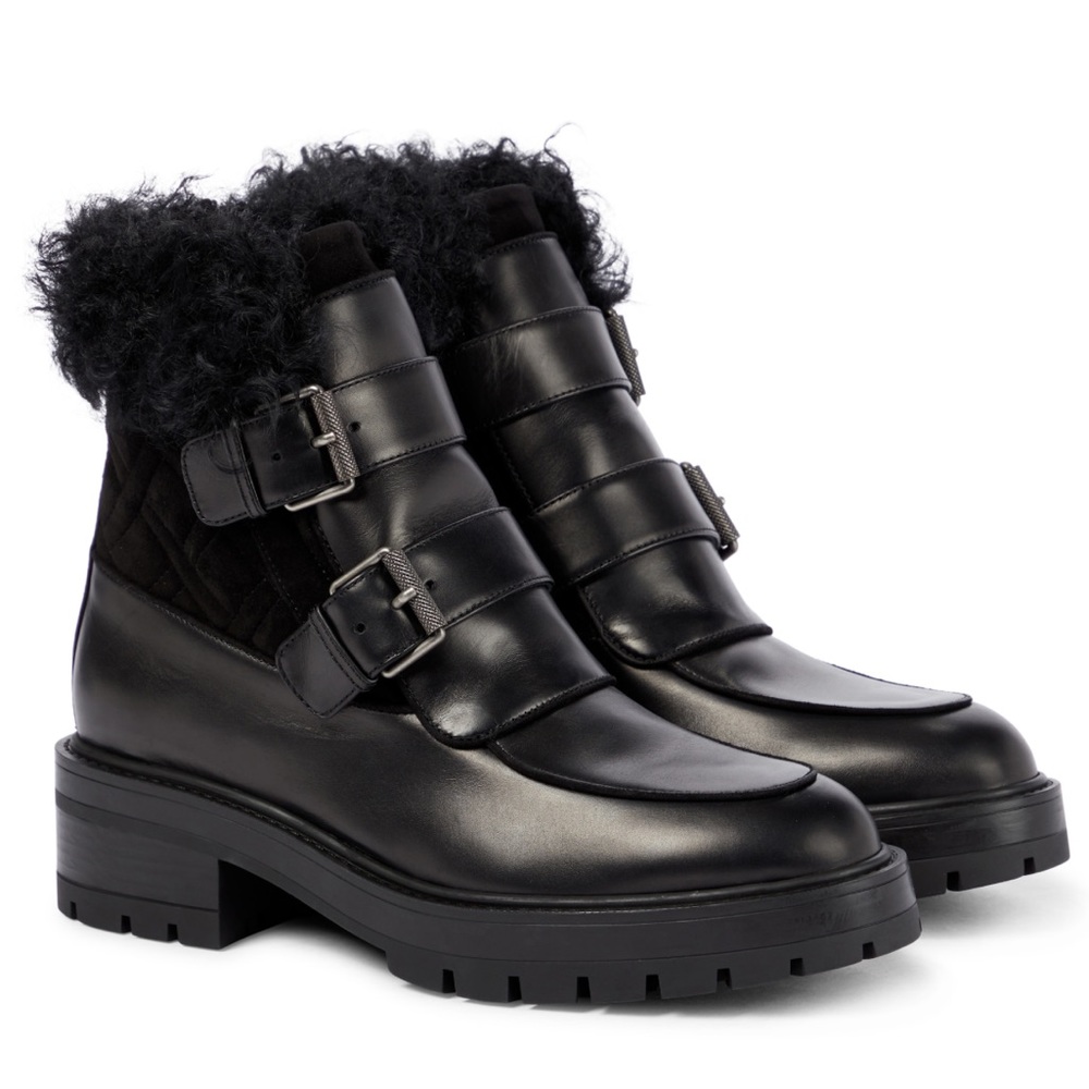 NWT in Box Aquazzura Ryan Shearling-Lined Leather Ankle Boots - Size 39